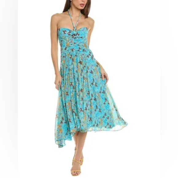 A.L.C. VIOLET BLUE TEAL SILK PRINTED HALTER SLEEVELESS ASYMMETRIC MIDI DRESS - Picture 1 of 9